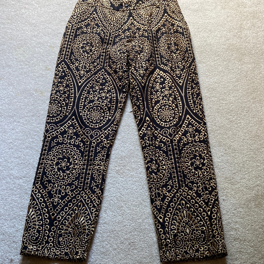 Anthropologie Black Pants with Cream Geometric Embroidery